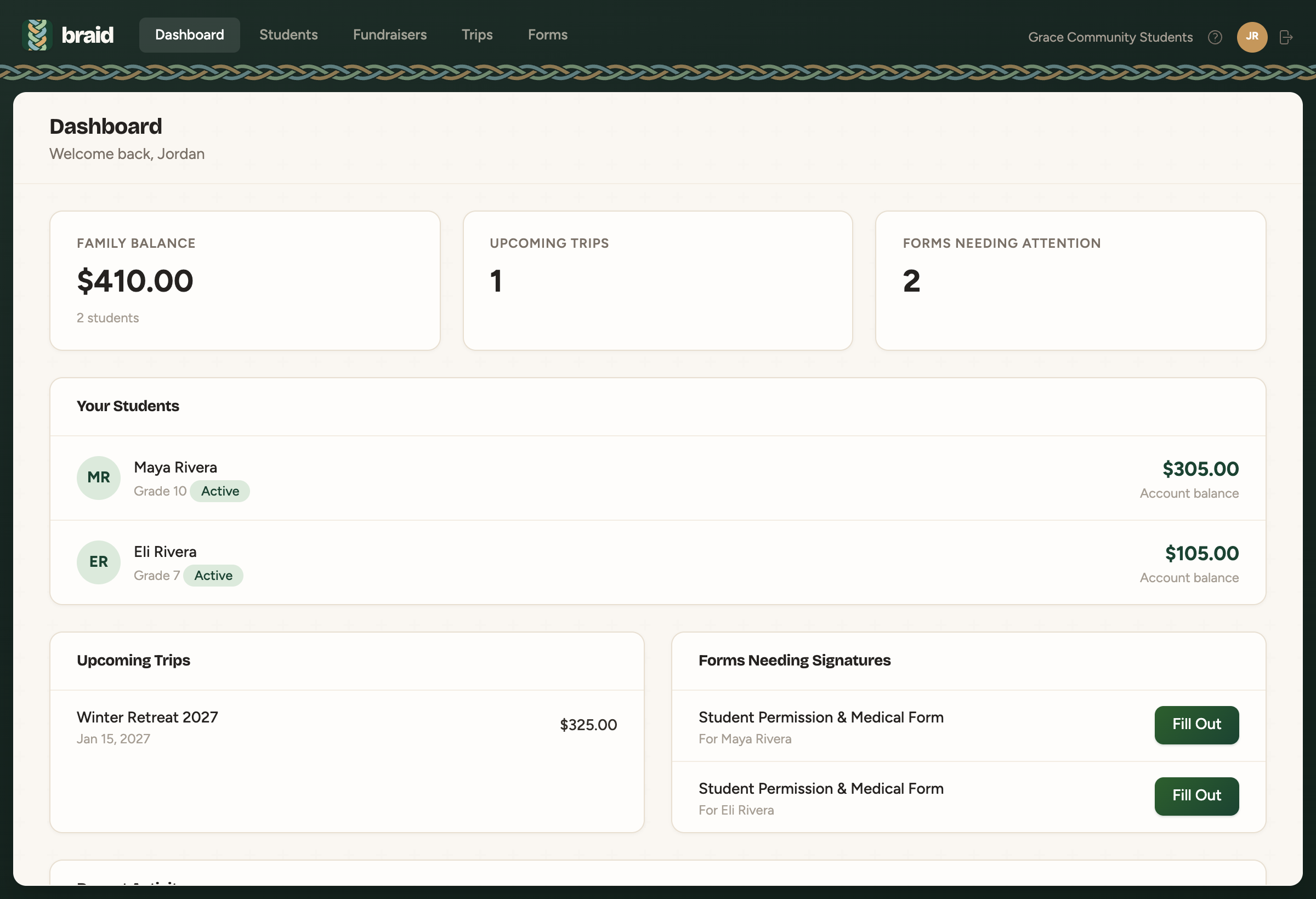 The Braid family dashboard showing student balances, upcoming trips and forms to sign