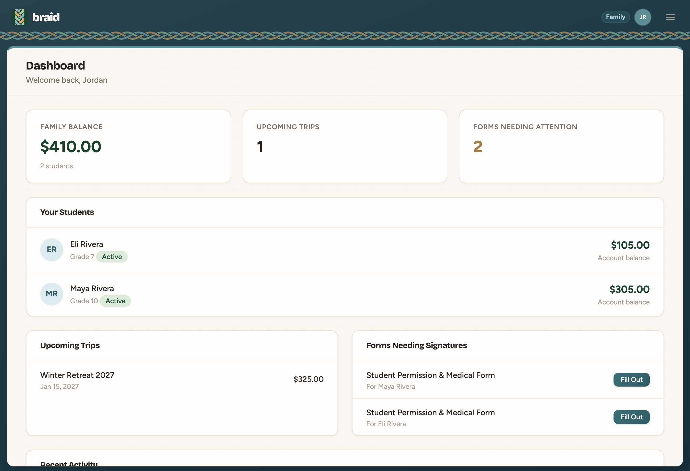 Parent dashboard