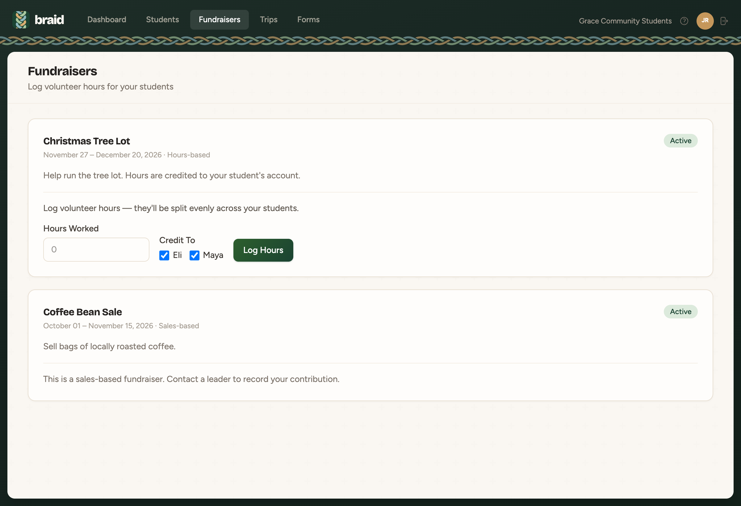 The fundraisers page where parents log volunteer hours
