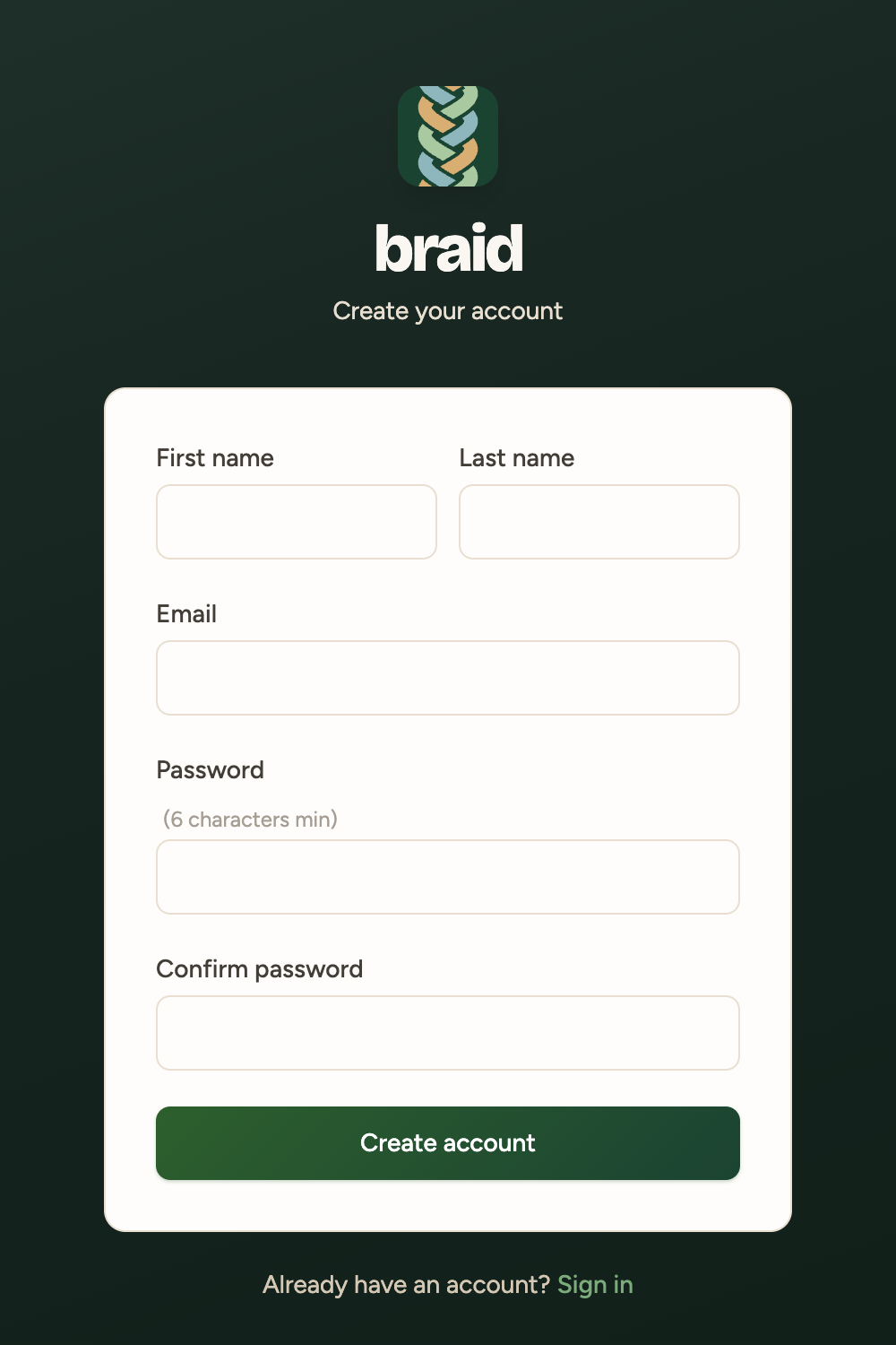 Create your account form