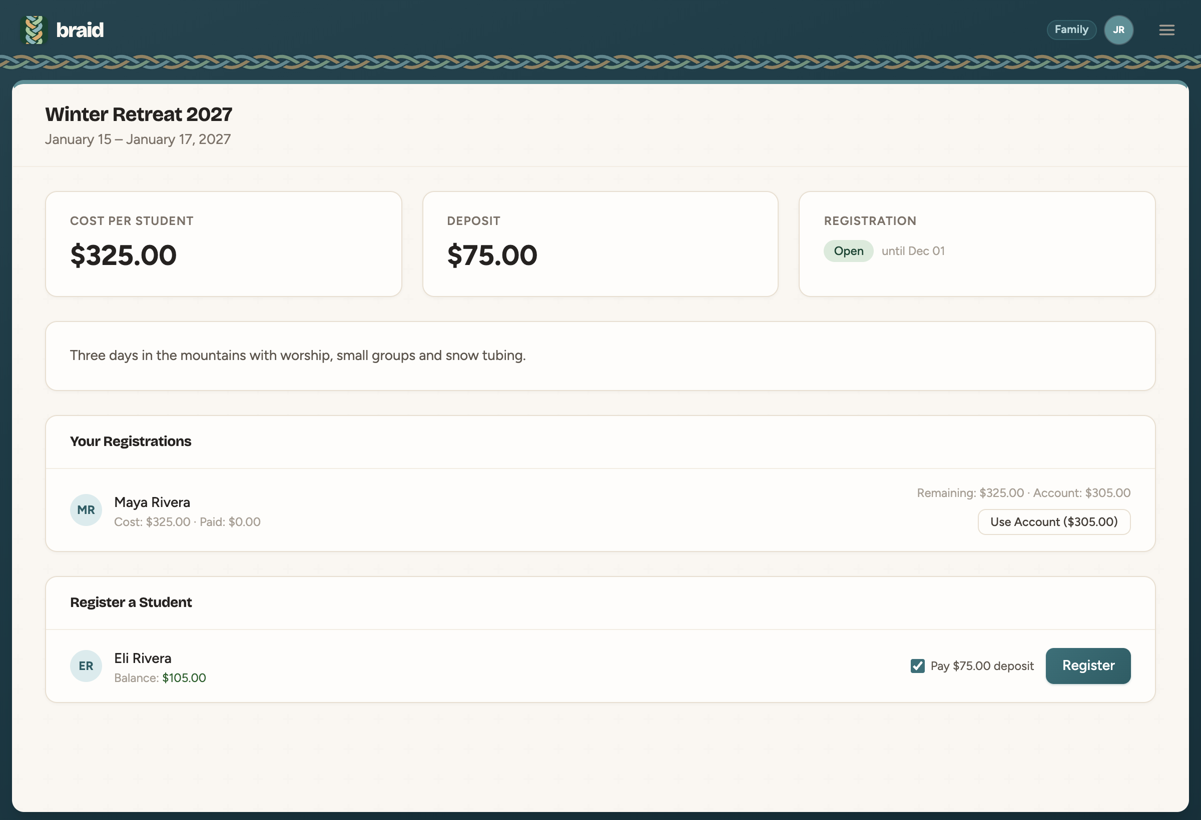 Trip page with registration and payment options